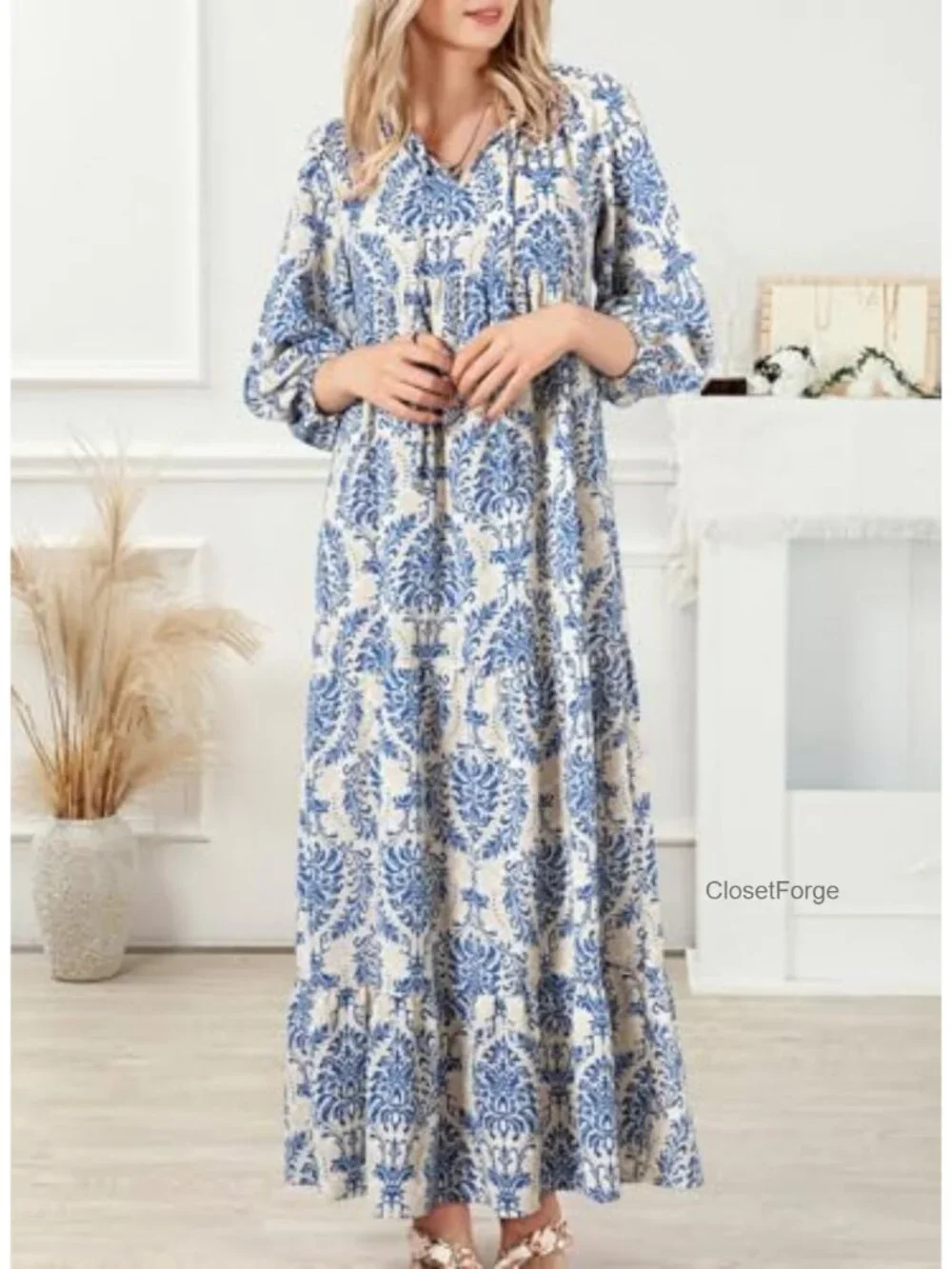 Boho Maxi Dress V Neck Long Puff Sleeve Smocked Ruffle Flowy Casual - Picture 4 of 6